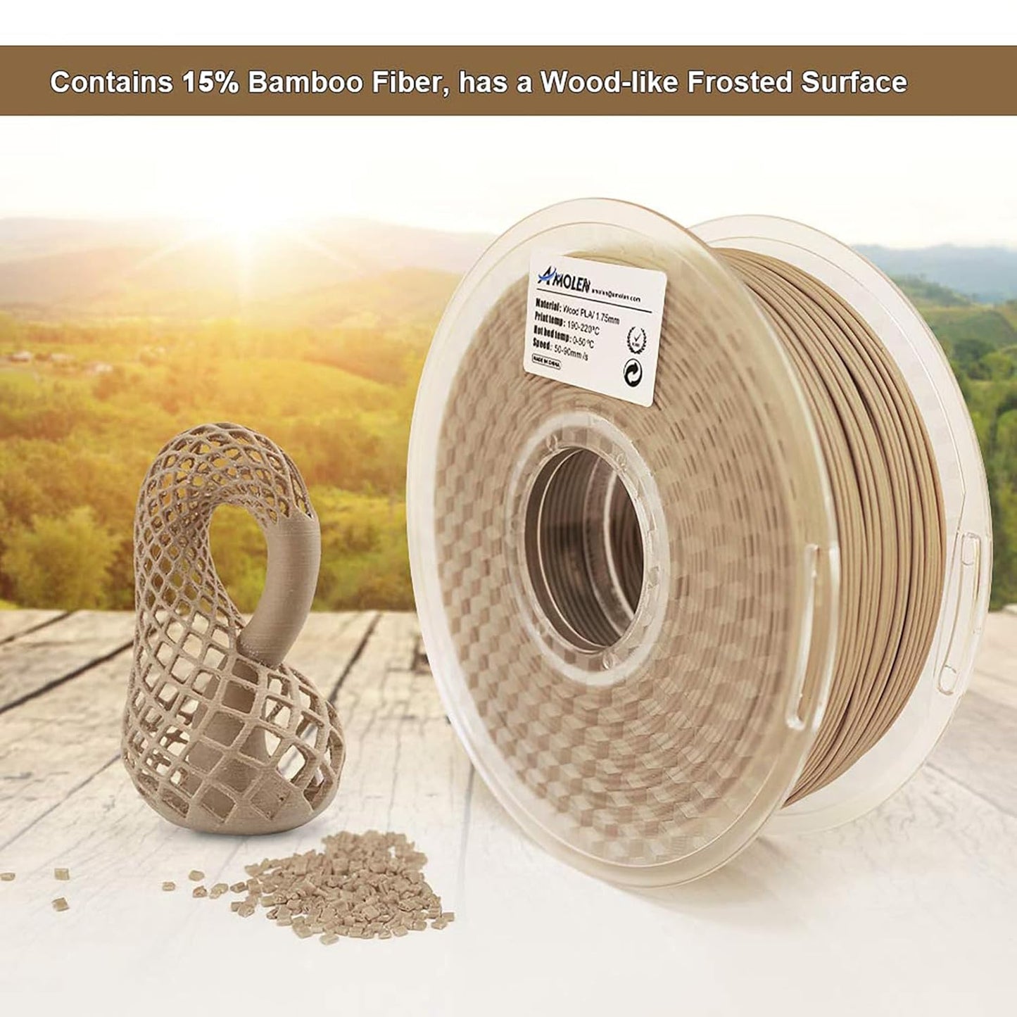 3D Printing Filament Pla Wood Bamboo 3D Printer Filament, PLA Filament 1.75Mm 15% Real Bamboo Fiber, 1Kg/2.2Lb 15% Wood Fiber