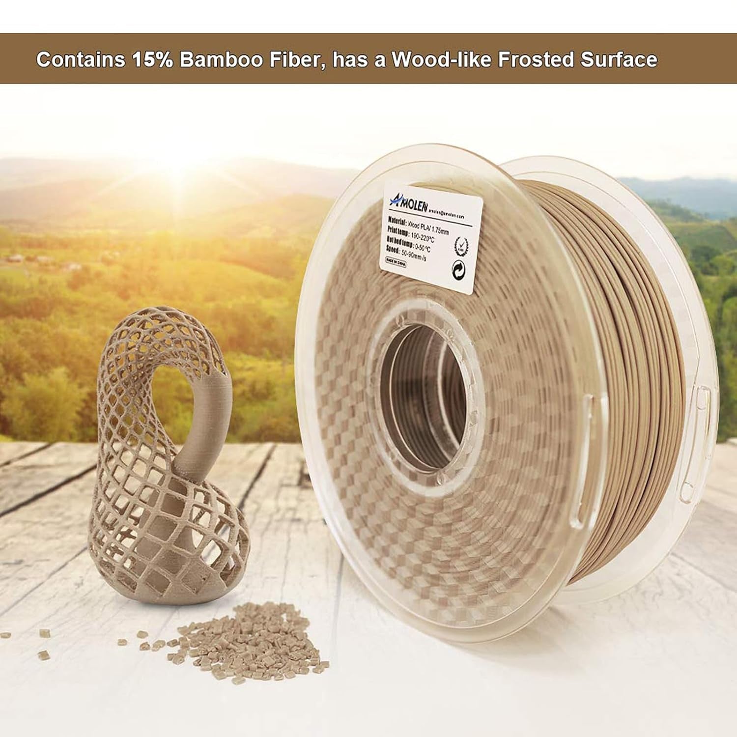 3D Printing Filament Pla Wood Bamboo 3D Printer Filament, PLA Filament 1.75Mm 15% Real Bamboo Fiber, 1Kg/2.2Lb 15% Wood Fiber